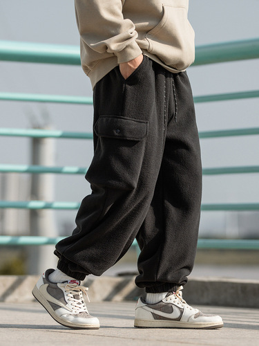 Hanlu Men's Plush Fleece Work Casual Pants Autumn Loose Japanese Casual Bootcut Long Pants q