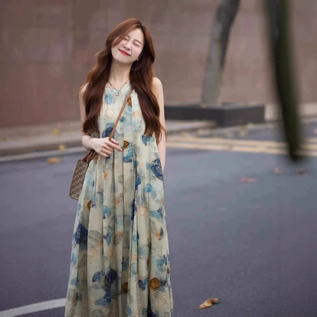 Колокольчик французское платье масляной живописи с принтом женское 2025 лето новое красивое темпераментное супер красивое платье без рукавов