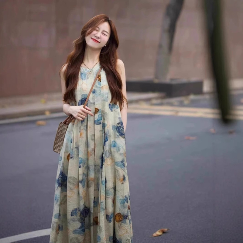 Platycodon French Oil Painting Printed dress Women's 2025 Summer New Style Beautiful Elegant Super Good-looking Sleeveless Vest Dress