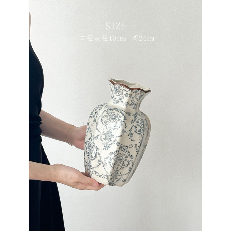 Nuevo jarrón de cerámica azul china nueva decoración de estilo chino sala de estar floral decoración de vestíbulo de estilo antiguo peonía floral