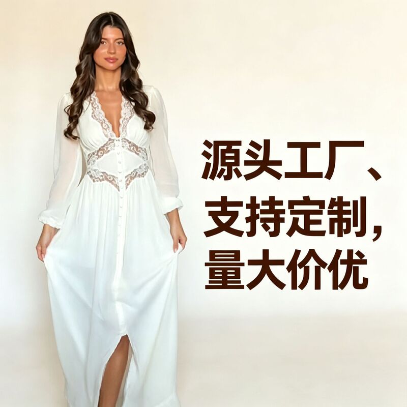 Cross-border Bohemian French resort-style lace patchwork lantern sleeve long dress with large hem and slit for women