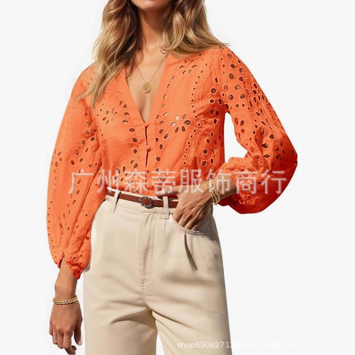 2025 European and American Export Amazon Women's Clothing Women's Deep V-Neck Autum Shirt 3/4 Lantern Sleeve Button Cut Out