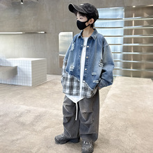 春季男童牛仔外套童装中大儿童春秋男孩格子拼接牛仔服潮外穿帅气