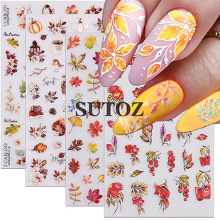 2024 Spelling Evening New Nail Art Stickers New Chinese Entry Luxury Autumn and Winter Maple Leaf Squirrel Nail Back Adhesive Sticker