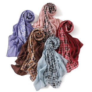 Cross-border Spring and Summer New Pearl Chiffon Monochrome Plus Plaid Hand-painted Gradient Scarf Sunscreen Shawl Long Scarf Headscarf