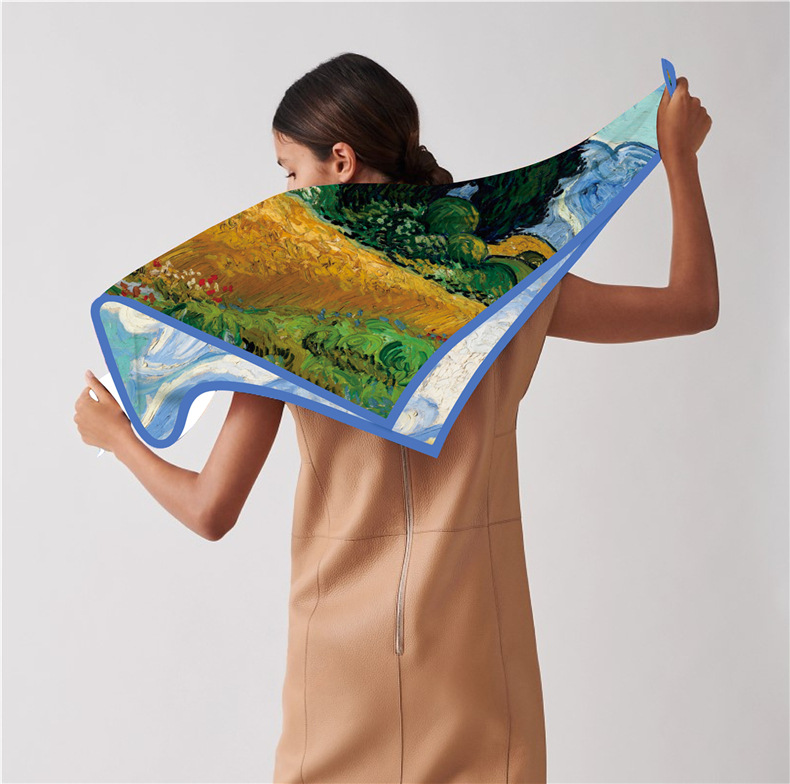 Ölgemälde Stil Twill Seide Quadrat für Frauen Van Gogh, Weizenfeld Sonnenblume handgemachte gerollt Rand sc, dekorative_voghion.com