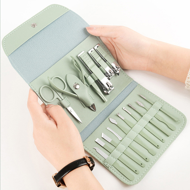 fingernail maintenance kit 16-piece matcha green folding bag manicure pedicure knife scissors care kit nail clippers tools full set