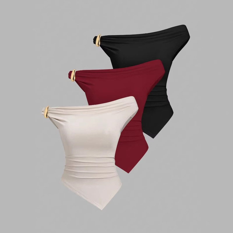 Cross-Border Foreign Trade Metal Ring Buckle Asymmetrical Shoulder Vest for Women with Side Ruching and Irregular Hem, Spicy Girl Style Sleeveless Top Cross-Border Foreign Trade Metal Ring Buckle Asymmetrical Shoulder Vest for Women with Side Ruching and Irregular Hem, Spicy Girl Style Sleeveless Top