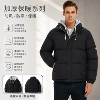跨境秋冬季加绒加厚连帽棉服假两件高级感加厚面包服棉衣外套男