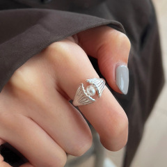 甜美貝殼珍珠戒指女個性時尚創意S925銀開口指環網紅百搭食指戒潮