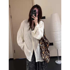 韩国东大门慵懒风镂空白色针织衫女早春新款设计感小众百搭开衫