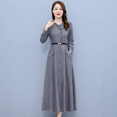 女性5328春秋新型減齢肉流行スカート亜麻は腰を収めてやせている気質の長袖綿麻のワンピースを現します。