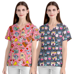 アニメプリント看護師服手術服看護服vネック半袖純綿tシャツ上着アマゾン起爆vネック女性