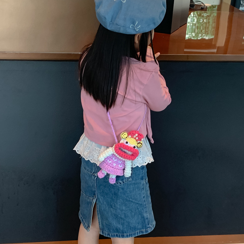 Pequeño, lindo, extraño, boca de salchicha, muñeca de cabello rizado, bolso de cambio, caricatura encantadora, bolso de gancho, nuevo bolso de lana para niños