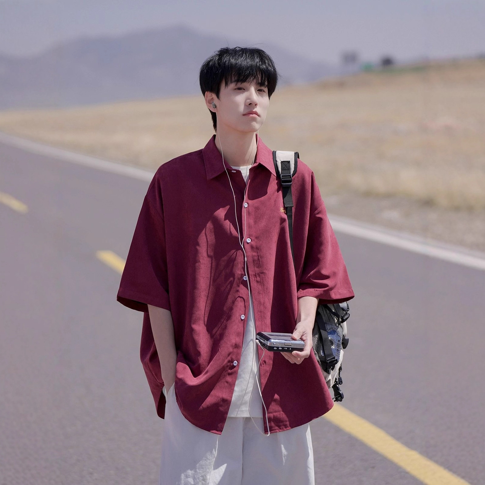 Factory Direct Supply Burgundy Fresh Short-Sleeve Shirt for Men, Summer Youth Japanese Style Casual Shirt Jacket