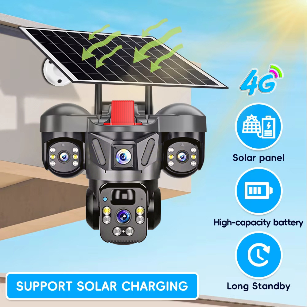 V380 Three-Eye Solar Camera Three-Screen Low-Power Ball Machine Zoom 4g Ptz Outdoor Monitoring Camera