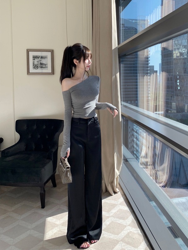 气质一整套ootd穿搭灰色斜领长袖t恤女夏季高腰宽松阔腿裤两件套|undefined