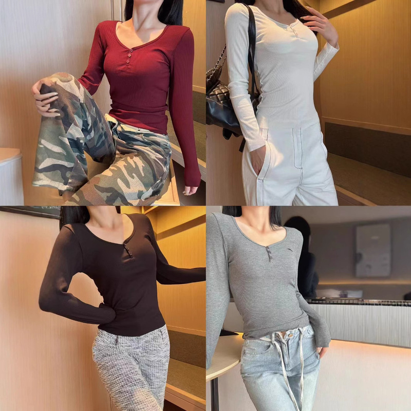 Autumn and Winter Button Wide Shoulder Strap Branding Warm Base Top Women's Slim-fit All-match V-neck Long Sleeve Base Top with Chest Pad