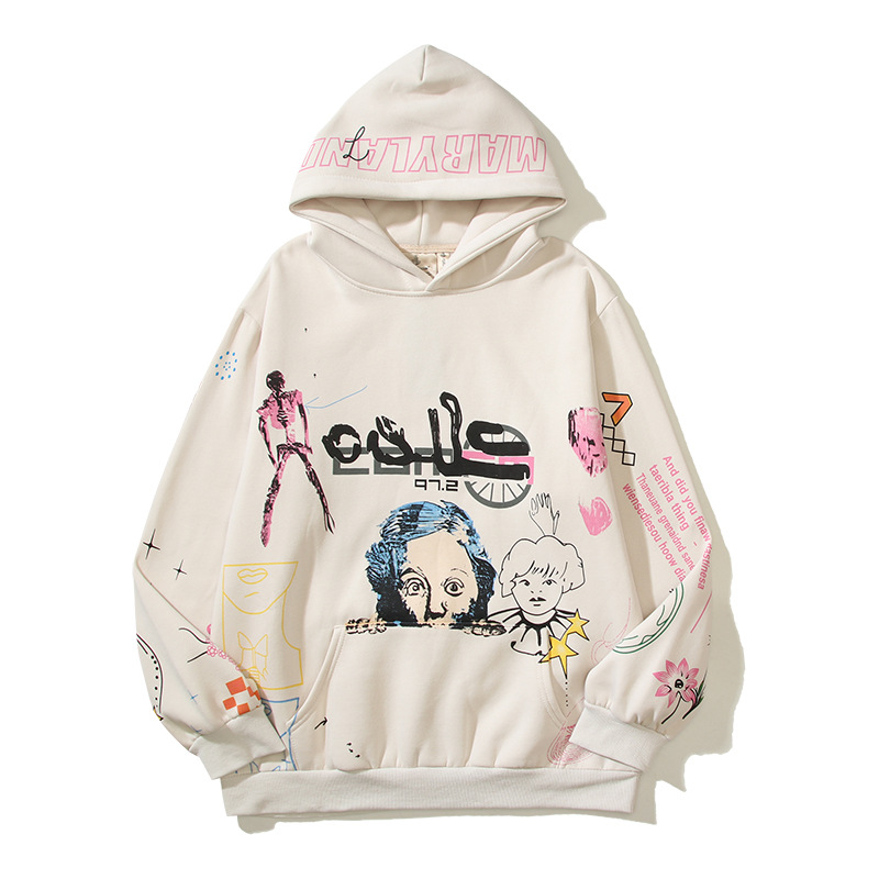 Sudadera con capucha estilo retro con diseño de nicho de personajes de grafiti pintados a mano de calle principal estadounidense, suéter con capucha antiguo de marca de moda_voghion.com