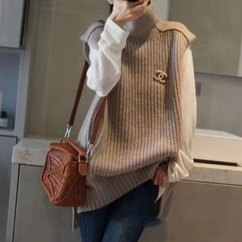 Nuevo estilo coreano de lana suelta Jersey de punto de cuello alto chaleco de lana sin mangas de las mujeres suéter de longitud media chaleco image 3