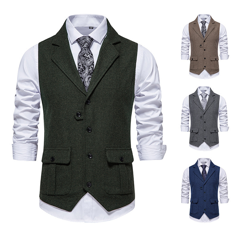 24 Cross-Border Men's Clothing Men's Herringbone Tweed Vest Retro Lapel Vest Slim Fit Short Style