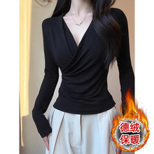 双面德绒黑色交叉v领长袖t恤女装秋冬季新款遮肚子内搭打底衫上衣