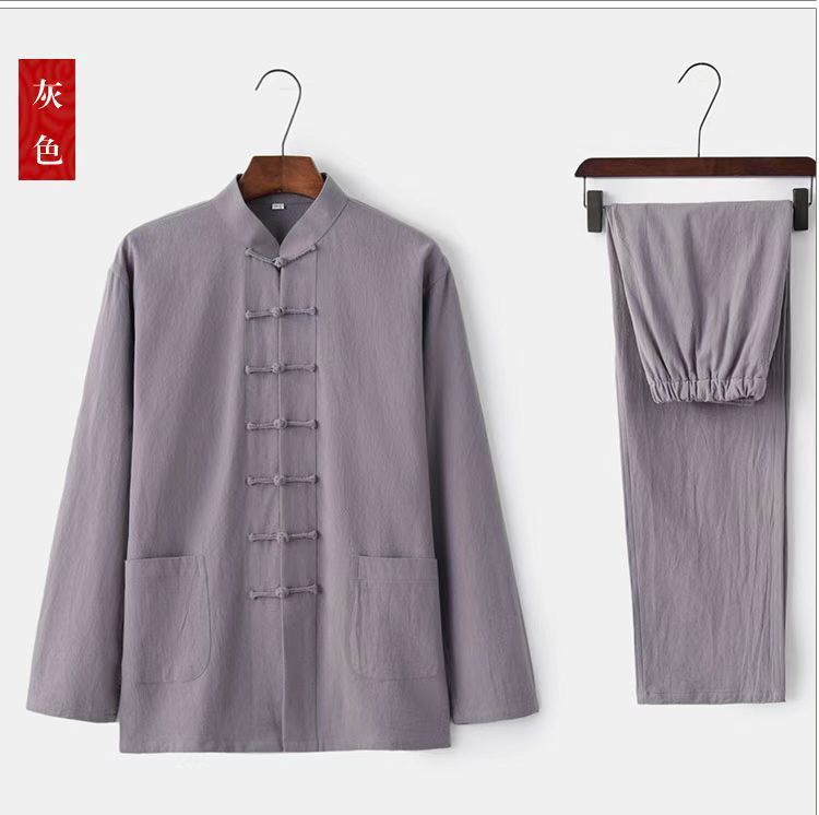 中国風の紳士服唐スーツ男性若者長袖リネンスーツ中国風のレトロな綿とリネンの禅服在家服茶服|undefined