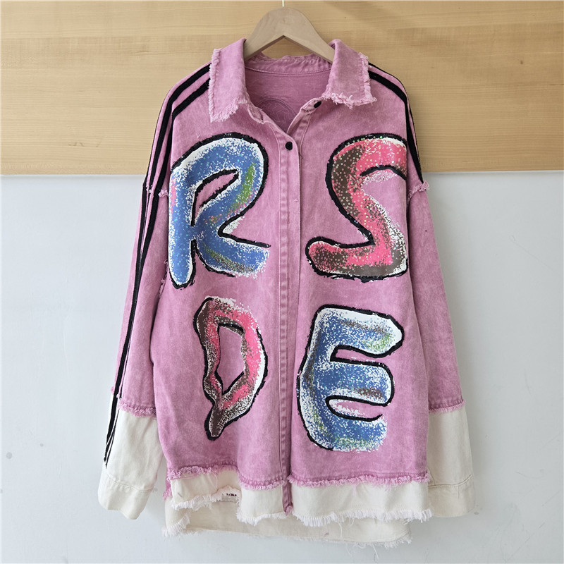 Marca de marea europea de la industria pesada empalme de contraste de color lavado de dibujos animados letras de impresión de diseño suelta gran camisa chaqueta de marea