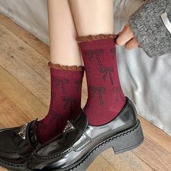 安可拉紅襪子女蝴蝶結中筒襪泡泡口花邊酒紅色本命年安哥拉紅襪女