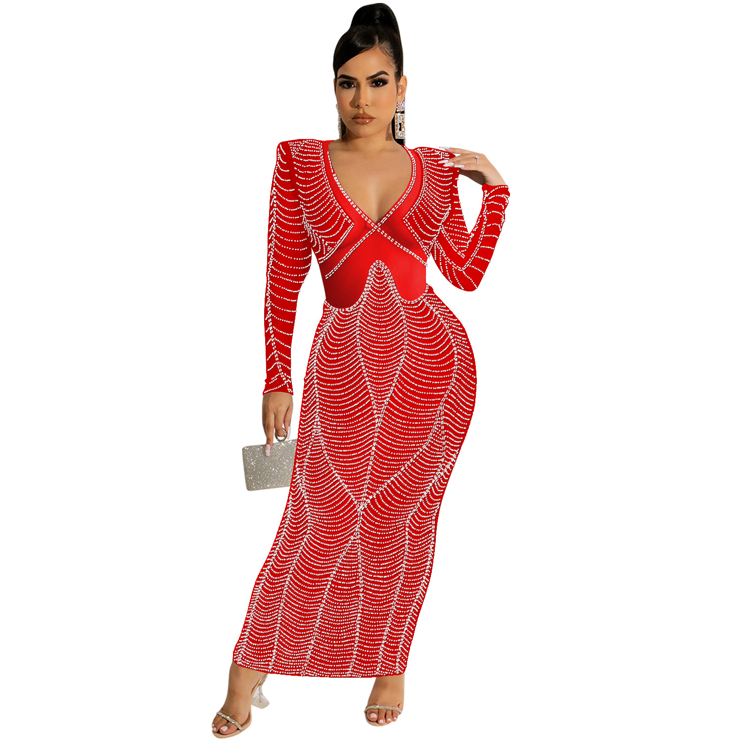 C5912 AliExpress Amazon Europa y América sexy discoteca rhinestone malla perspectiva V-cuello Vestido de manga larga vestido mujeres