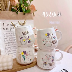 創意萌兔帶蓋帶勺陶瓷杯商務活動伴手禮馬克杯實用卡通禮品杯批發
