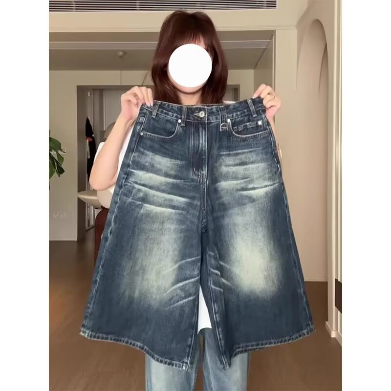 Plus-Size American-Style High Street Retro Distressed Cropped Denim Shorts for Women, New Summer Loose-Fit Washed Wide-Leg Pants Plus-Size American-Style High Street Retro Distressed Cropped Denim Shorts for Women, New Summer Loose-Fit Washed Wide-Leg Pants
