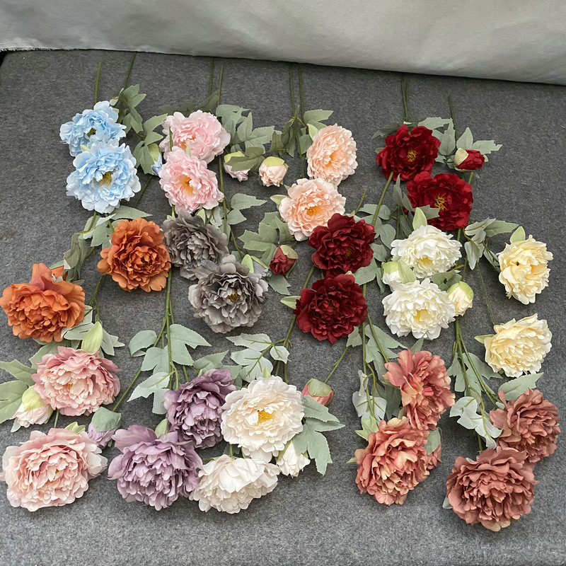 Brushed Fabric 3-Head Spring and Autumn Peony No. 5 Home Living Room Flower Arrangement Artificial Peony Wedding Decoration Faux Flower Plant