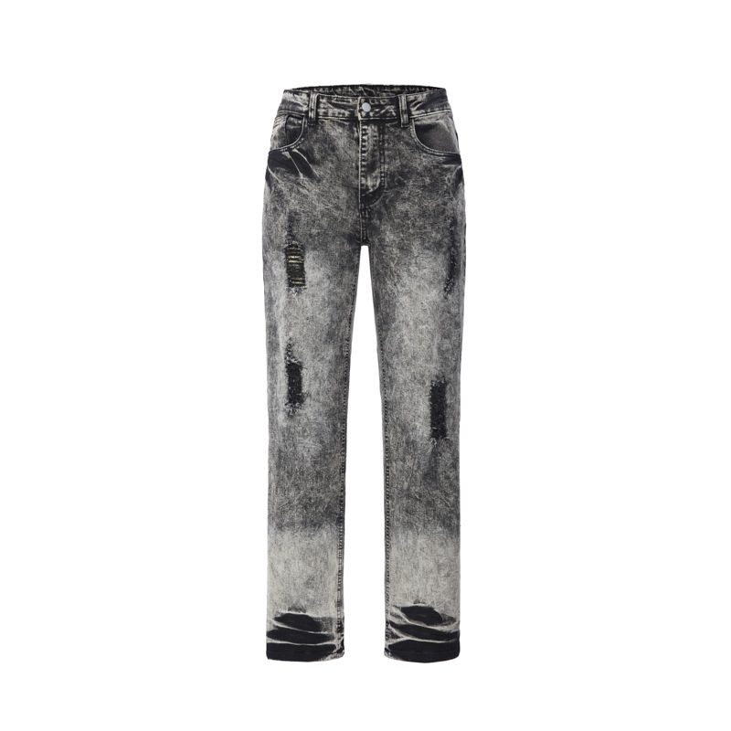 Men's High Street Snow Wash Jeans Gradient Faded Distressed Straight Leg American Denim_mkmklike.com