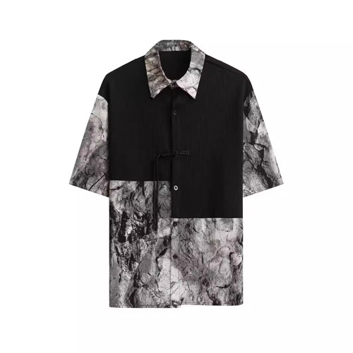 Stitching Men's Summer Shirt, Hong Kong Style, Student Loose Fit, Unique Design, Fun Men's Top for Outerwear