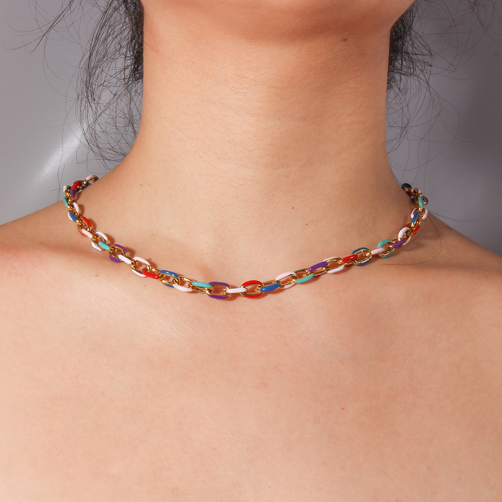 Collar de aceite de goteo de acero inoxidable transfronterizo europeo y americano, esmalte de dopamina, colorido, cadena cubana, collar, pulsera
