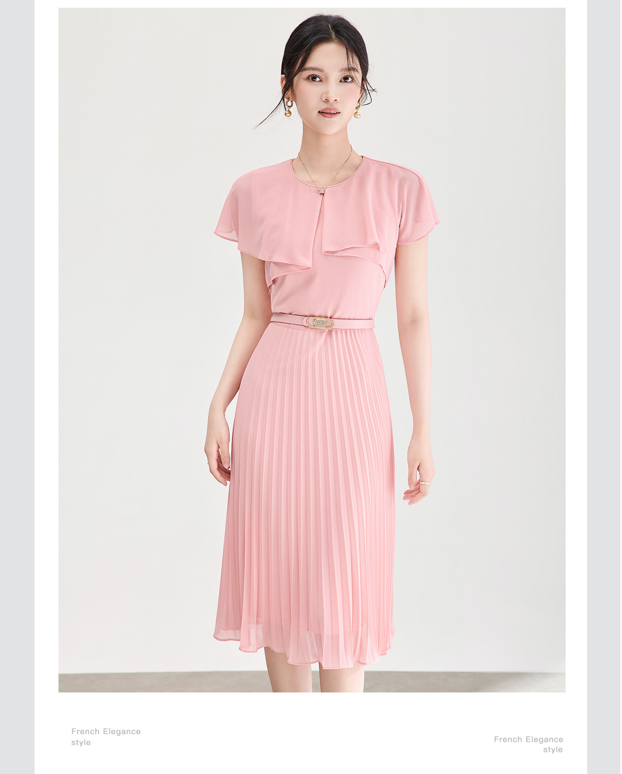 Đầm maxi nữ thắt eo chất liệu chiffon phối lá sen xếp ly — màu đen chi tiết 8