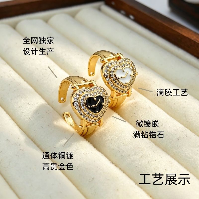 跨境工厂自家设计铜镀金滴油手表锆石戒指轻奢时尚男女开口戒指
