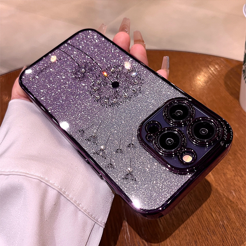 Diente de diente de león de diamantes de imitación de polvo brillante degradado para iphone14 Apple 16ProMax funda para teléfono móvil 15 hombres y mujeres 13 suave 12