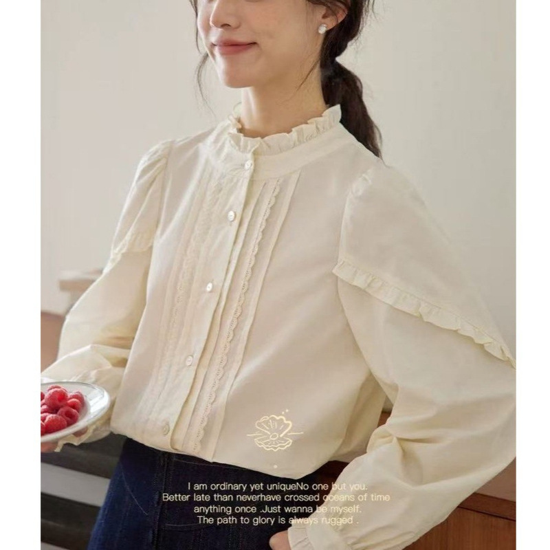 Nov Eilst Early Autumn New French Style Girl's Stand Collar Pleated Blouse with Ruffled Long Sleeves