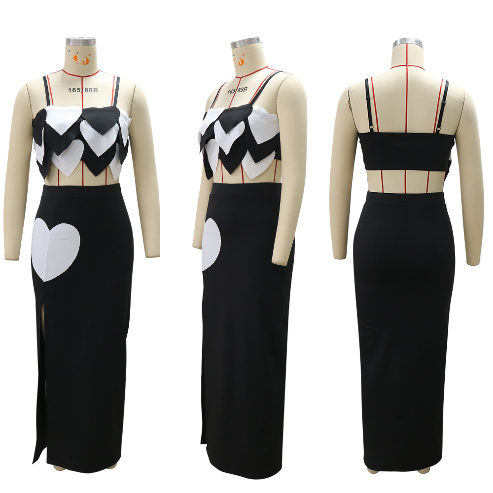 Sling Burning Floral Top Slim Fit High Slit Skirt Solid Color Two Piece Set Women