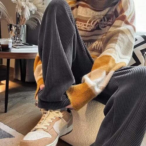 Velvet thick corduroy pants for men's autumn and winter fashion brand hanging straight loose wide-leg pants, retro casual sports pants