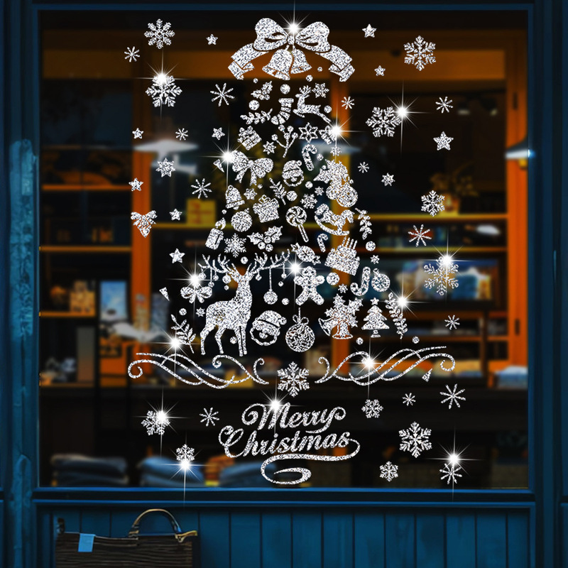 クリスマス装飾シール粉をまいて金色のクリスマスツリーを飾って静電気ガラスの窓を描いて雪の扉を貼って貼ります。|undefined