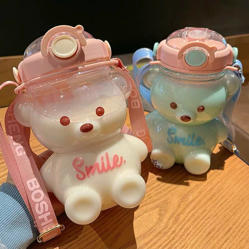 Internet Popular Cute Bear Water Cup Large Capacity Suction Tube Cup Women's Crossbody Kettle Portable Big Belly Cup
