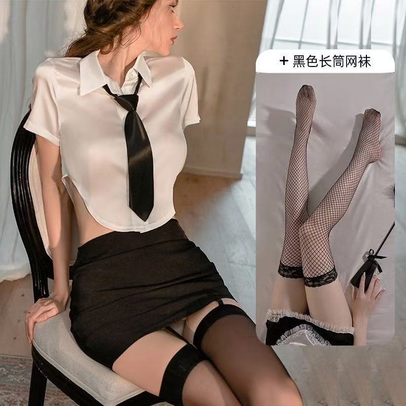 흑백 [탑 + 힙스커트 + 넥타이 + 망사스타킹