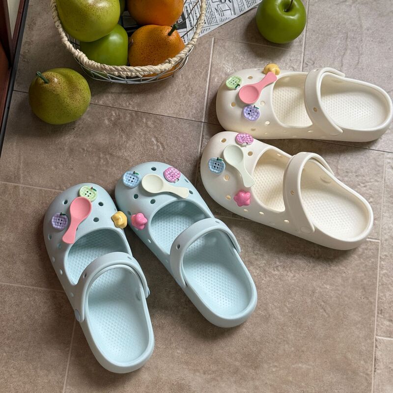 Cream light blue and white simple perforated sandals for women with detachable heel strap, non-slip, versatile for seaside vacations