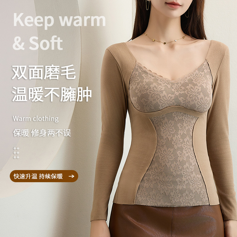 Ropa interior térmica sin costuras de terciopelo de doble cara camisa de fondo engrosada de las mujeres top de autocalentamiento con almohadilla en el pecho ropa de Otoño de manga larga cálida