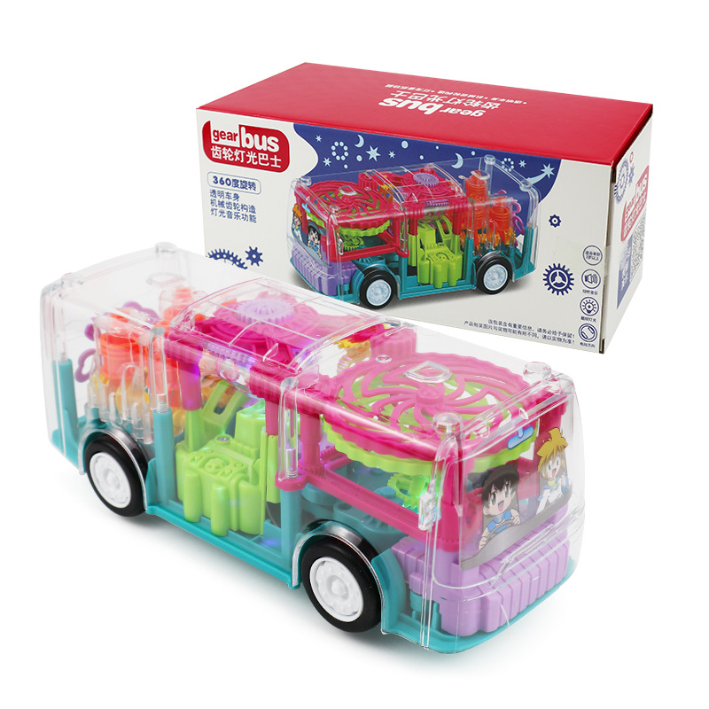 Automóvil de engranaje transparente creativo autobús eléctrico universal juguetes infantiles iluminación modelo de simulación de música chatarra