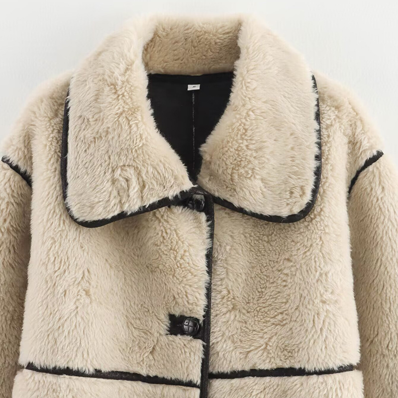 (2개) 2025 국경 간 여성 유럽 및 미국 패션 올 매치 프랑스 캐주얼 플리스 칼라 느슨한 미드 길이 LAMBSKIN 재킷