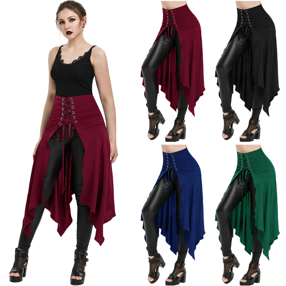 In-Stock Halloween Medieval Court Retro Style Costume Waist-Cinching Women's Skirt with Irregular Hem and Tie-Up Half Skirt